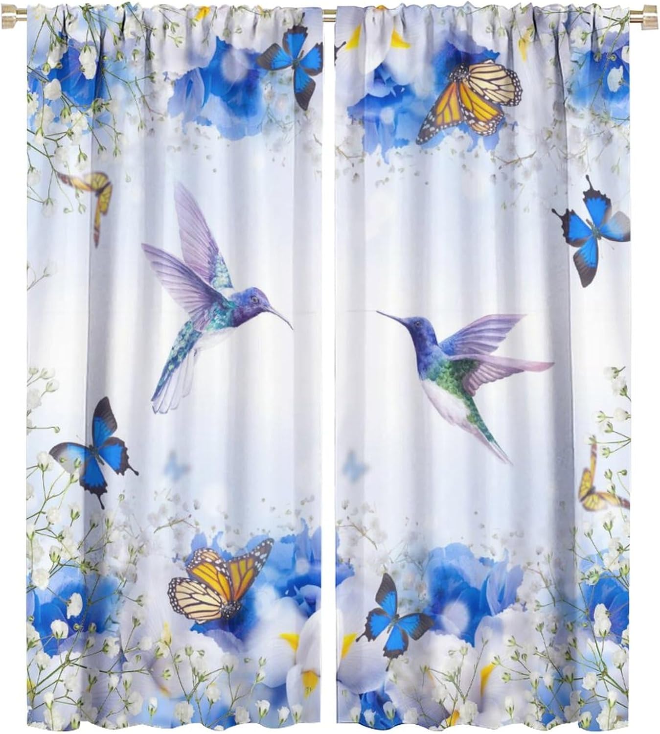 Aesthetic Floral Hummingbird Curtains - Watercolor Tropical Forest Hibiscus Hummingbird Butterflies Window Treatment,Energy Saving Thermal Insulated Rod Pocket Blackout Curtains 2 Panels 54L x 21W