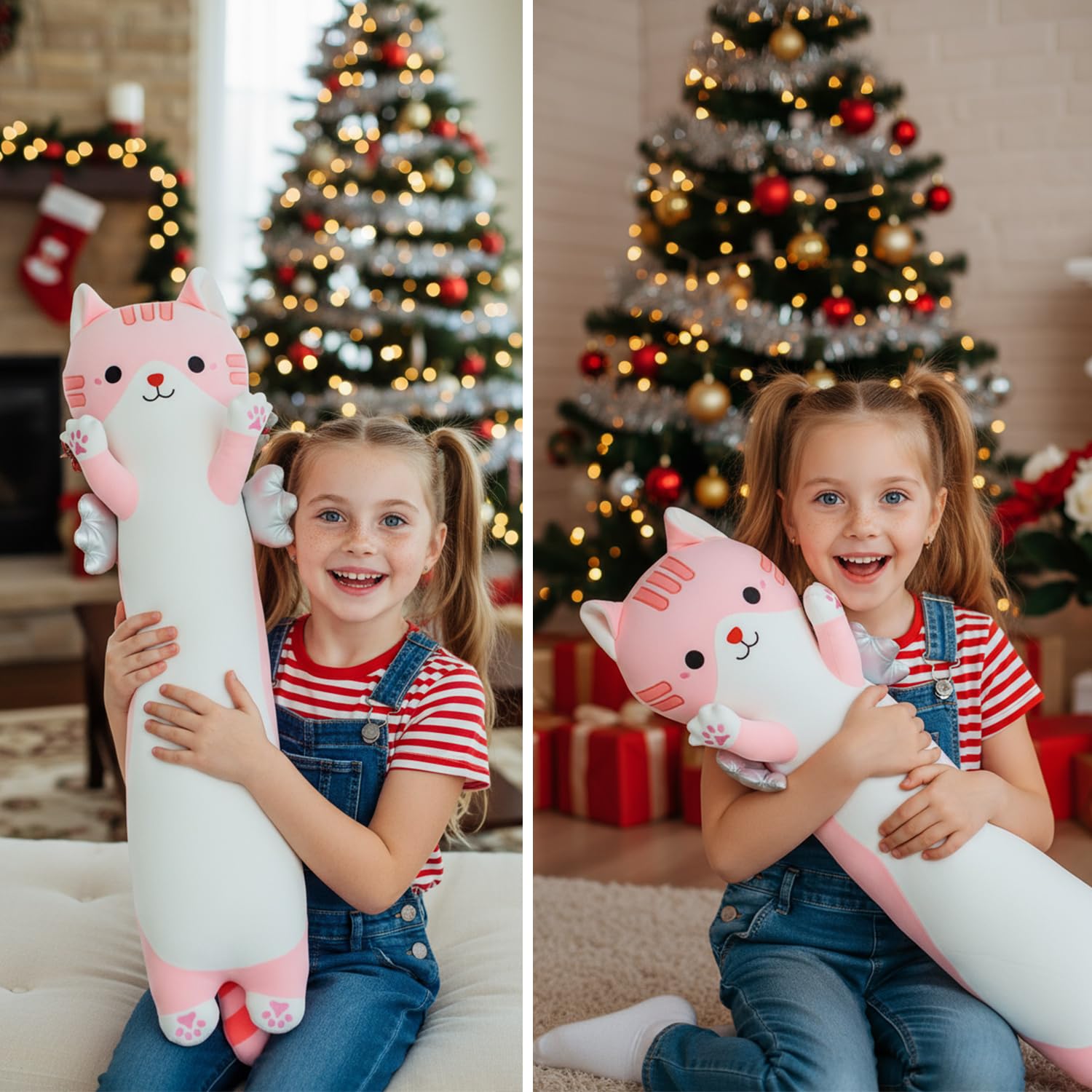 Kekeso Cuscino Peluche Gatto Lungo, Cuscino Corpo Gatto Carino con Ali, Peluche Kawaii Morbido da Abbracciare - Regalo per Bambini a Natale, San Valentino & Compleanno(Rosa, 110cm/43.31in)