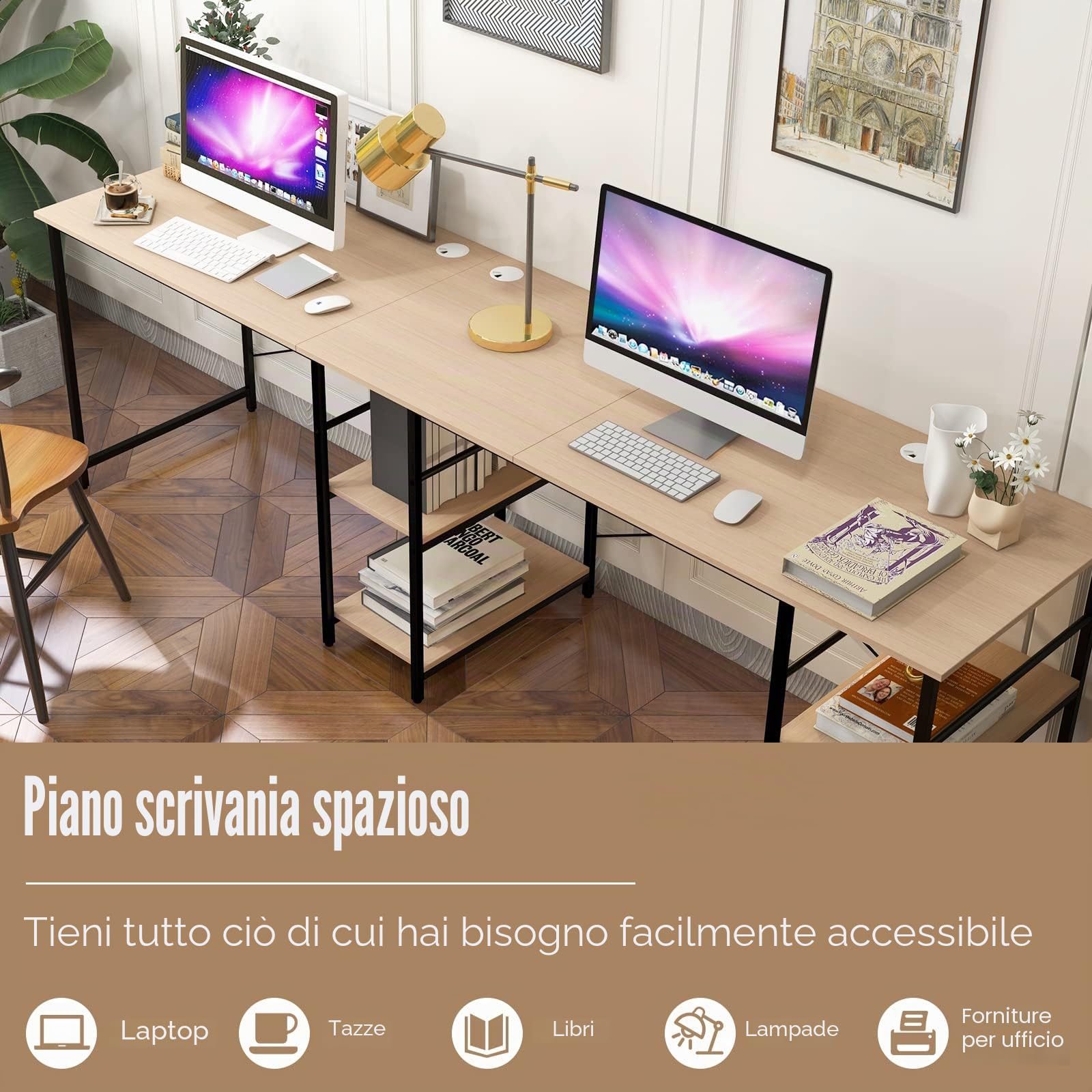 GIANTEX Scrivania angolare a forma di L, tavolo per computer convertibile con 4 ripiani e 3 fori per cavi, scrivania da gioco e scrittura per ufficio a casa (naturale)