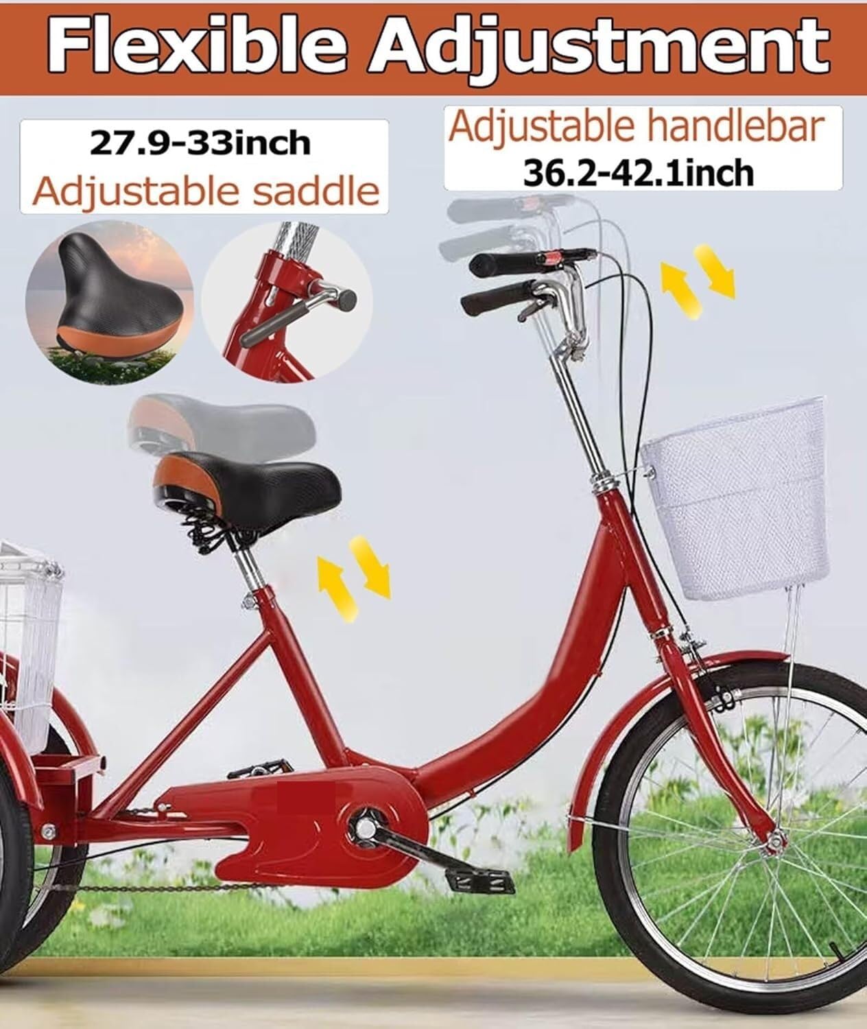 Bicicletta a tre ruote Trike for adulti a tre ruote, cestello da carico con freno a campana 18 pollici, telaio in acciaio al carbonio nero rosso(Red)
