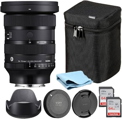 Sigma 24-70 DG DN II Art Lens (Sony E). Estuche de viaje, tapas de lente, 2 tarjetas de memoria de 64 GB, parasol y correa