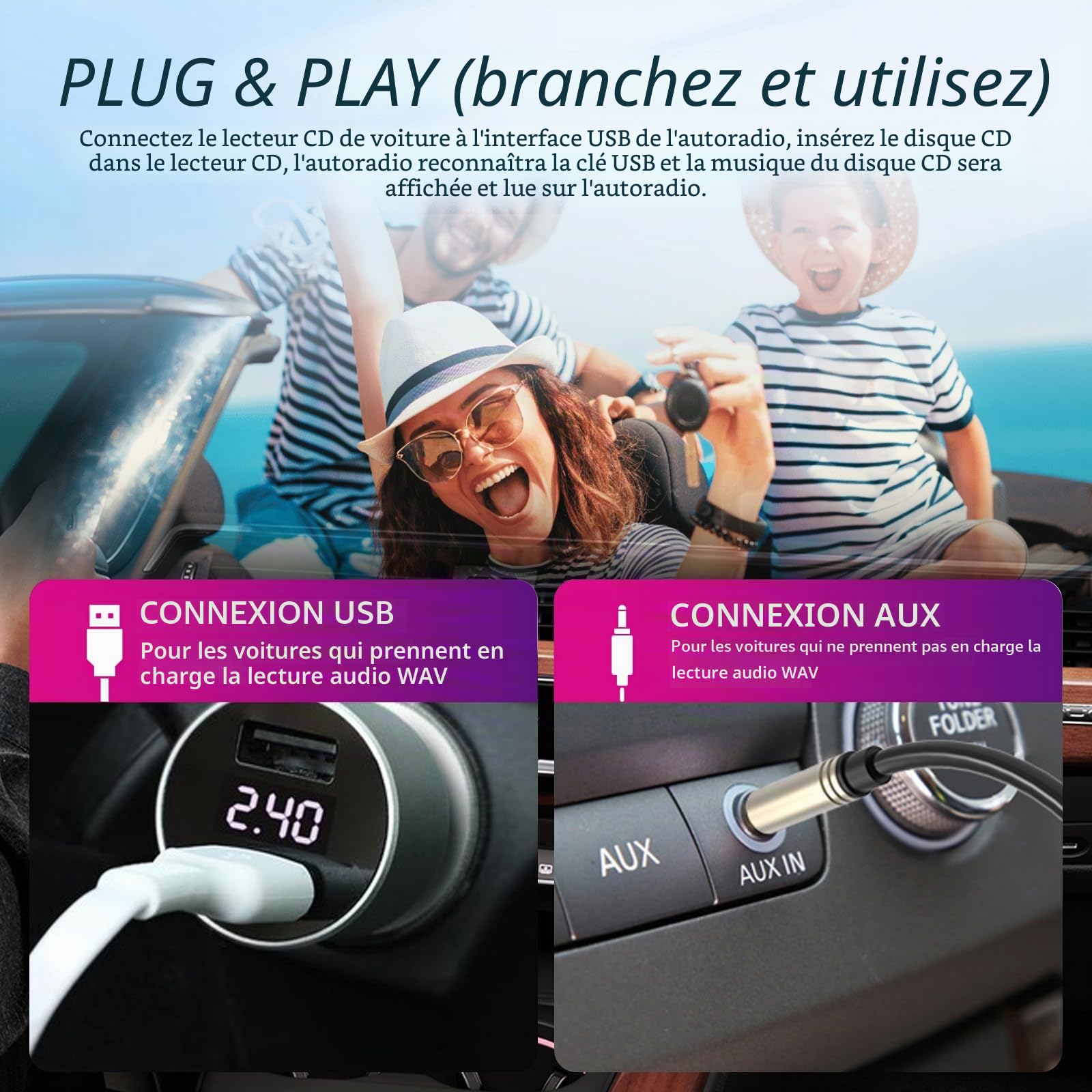 Lecteur CD/DVD externe pour voiture, ordinateur portable, TV et plus - Avec USB 2.0, Plug & Play, fonction anti-choc, compatible avec Smart TV, ordinateurs portables, tablettes (Android 4.4 et