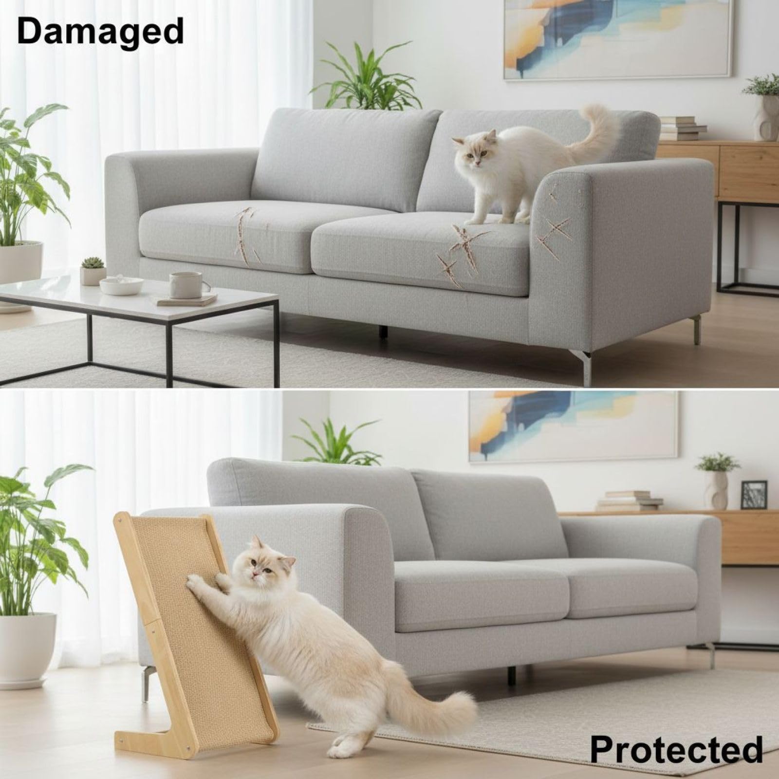 Tabla rascadora para gatos en forma de L con marco de madera maciza, almohadilla de sisal de 28.2 pulgadas, uso acostado o de pie, protección de muebles, poste rascador grande para gatos para estirar