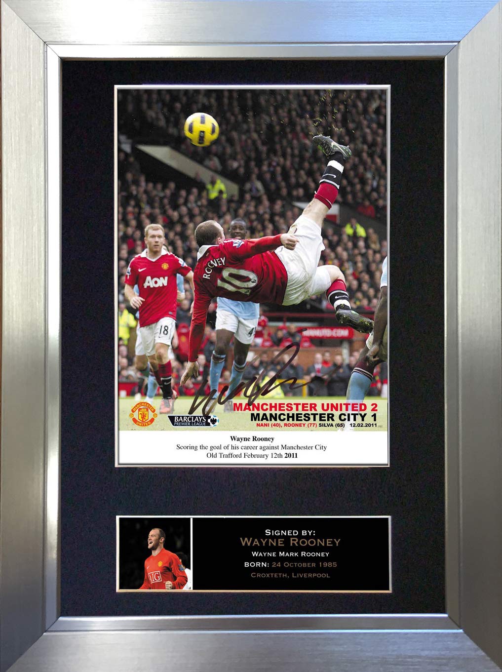 The Autograph Collector Black,Gold,Silver Wayne Rooney Overhead Kick Signed Autograph Mounted Photo Reproduction Print A4 Rare Perfect Birthday (297 X 210Mm) #55 (Silver Frame)