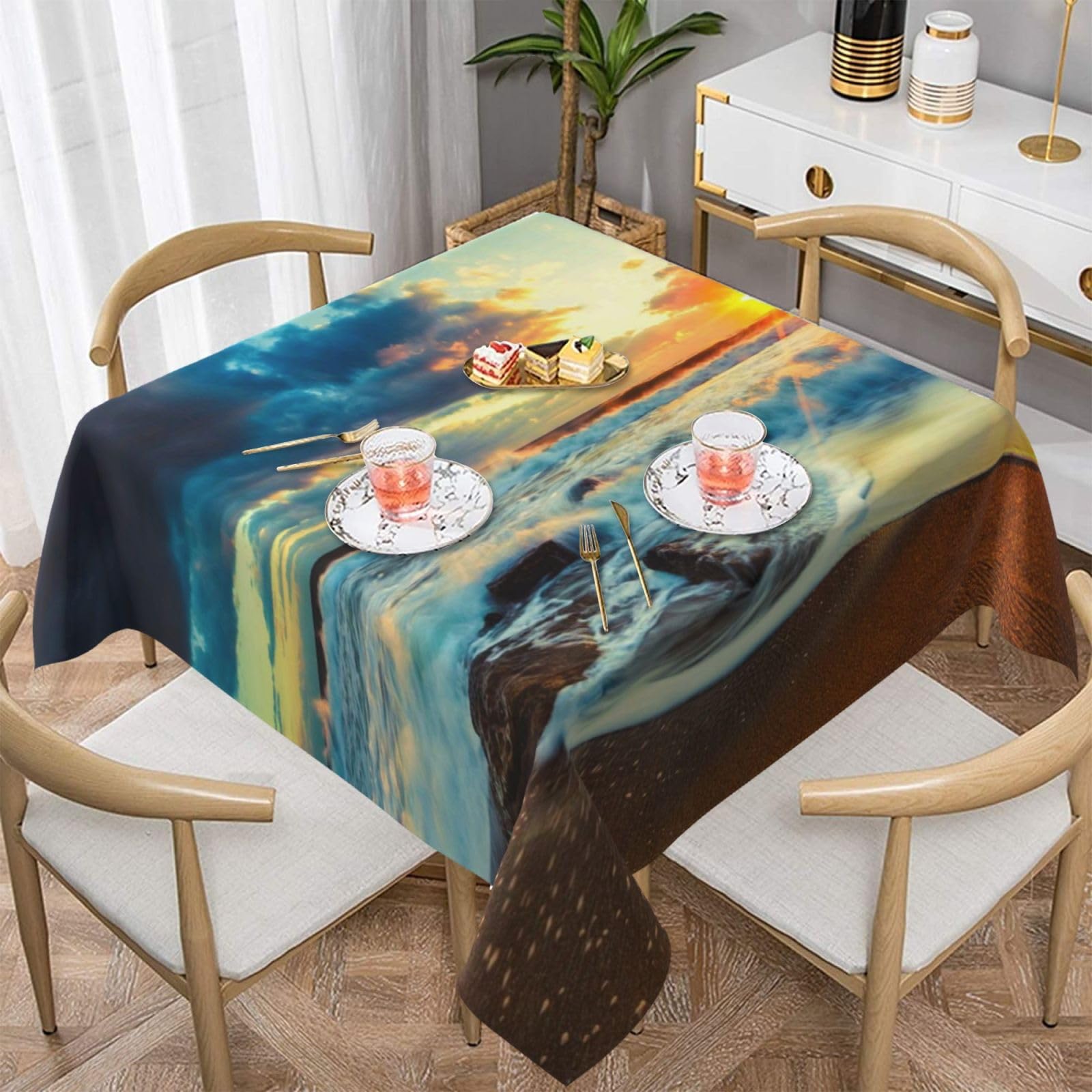 DCEHGEW Sunset beach Prints Square Tablecloth 152x152 CM, Waterproof Fabric Table Cloth for Dining Table, Farmhouse Table Cover for Kitchen Dining Tabletop Decoration