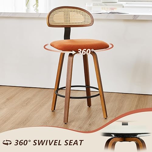 Miniatura 7 de Taburetes de bar giratorios de altura de mostrador, taburetes de bar tapizados de 26 pulgadas con respaldo de ratán, marco de madera curvada, sillas