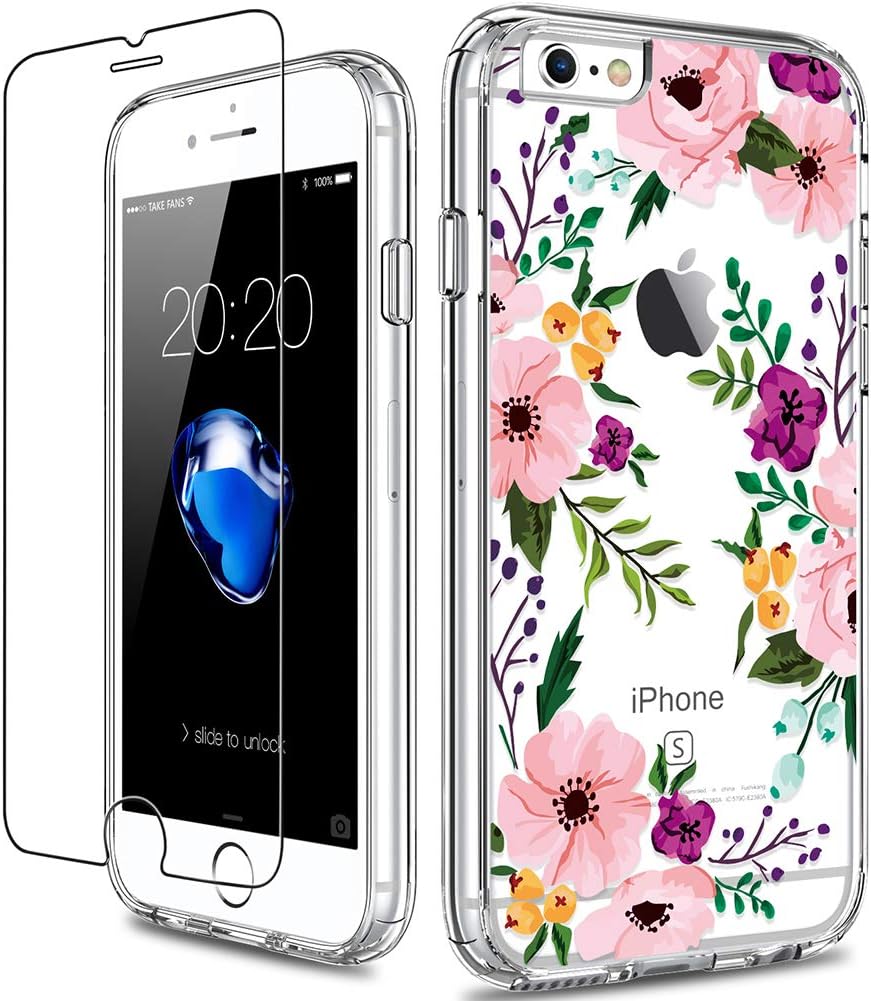 GiiKa iPhone 6 6s Case with Screen Protector, Not 6 Plus Clear Heavy Duty Protective Case Floral Girls Women Shockproof Hard PC Case with Slim TPU Bumper Cover Phone Case for iPhone 6s, Small Flowers