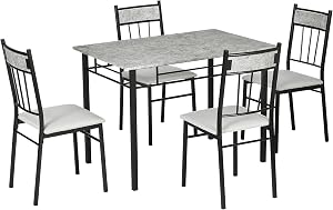 HOMCOM 5 Pieces Dining Table Set, Modern Kitchen Table and Chairs Set for 4 People with Marble Effect Tabletop, Padded Chairs and Metal Frame, 42.1" x 27.6", Grey