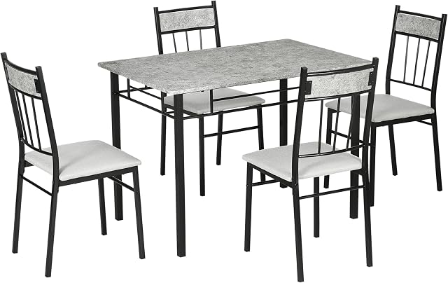 HOMCOM 5 Pièces Ensemble de table à manger, table de cuisine moderne et chaises 4 Personnes avec le plateau de la table à effet de marbre, Chaises rembourrées et cadre en métal, 42.1" x 27.6", gris