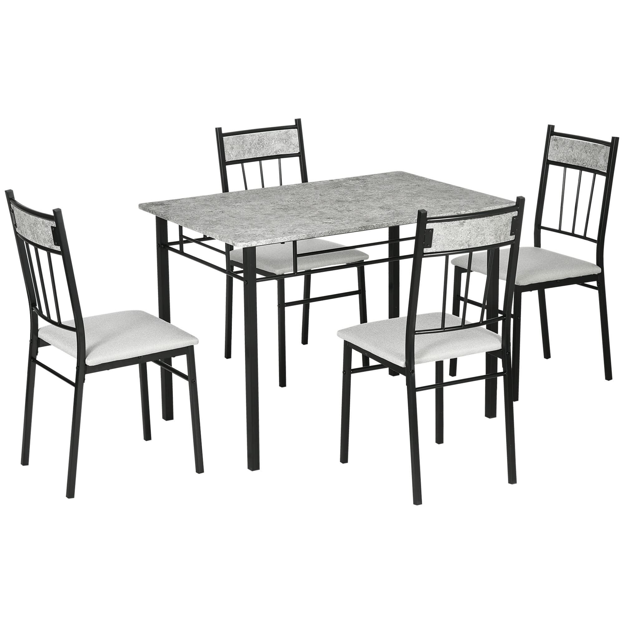 HOMCOM Set Tavolo e Sedie 5pz, Tavolo da Pranzo Rettangolare in Metallo e MDF e 4 Sedie da Pranzo con Seduta Imbottita in Gommapiuma e Poliestere