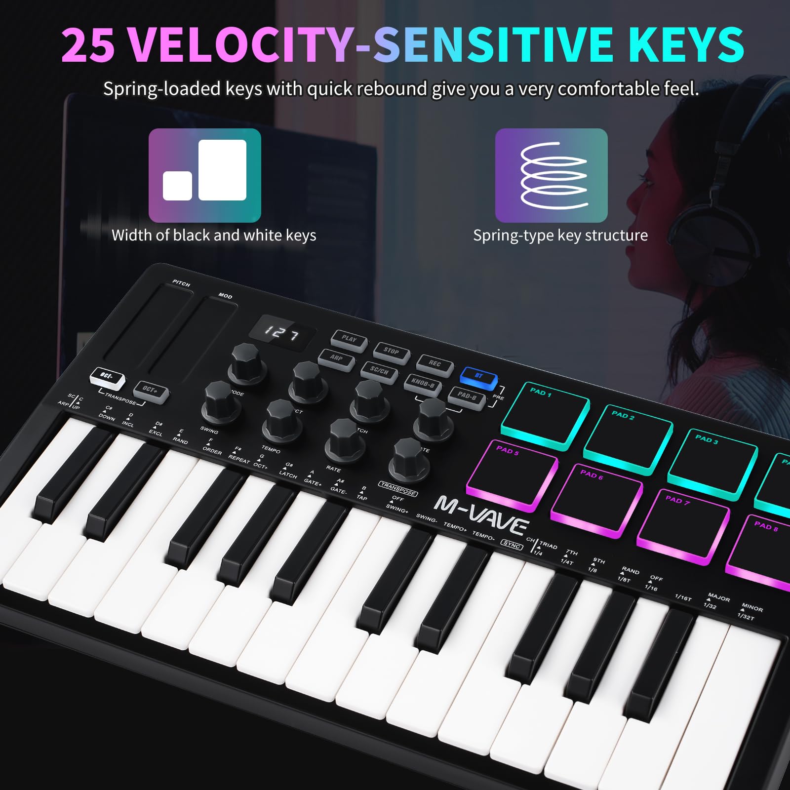 Nikou M-VAVE MIDI Teclado Controlador, USB Mini 25 Teclas, Profesional Dinámico Teclado Eléctrico Musical Arranger Teclado con Almohadillas RGB para Batería (Negro)