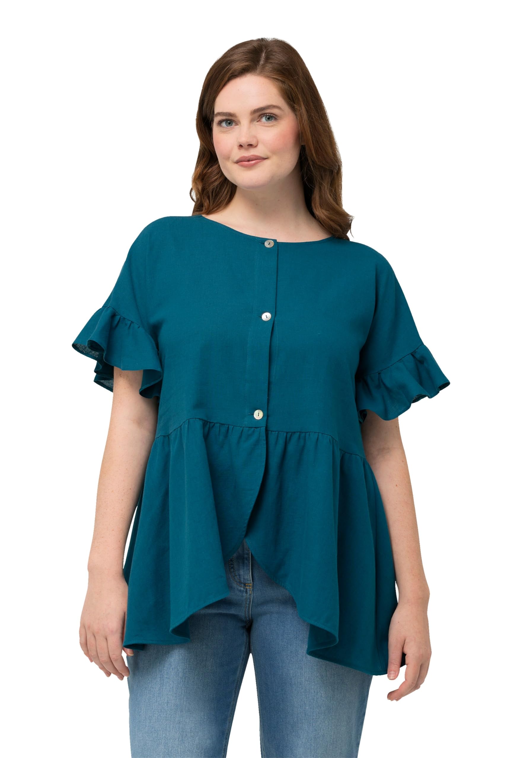 Ulla Popken Damen große Größen Übergrößen Plus Size Jacke, Leinenmix, A-Linie, Rundhals, Biobaumwolle 827114