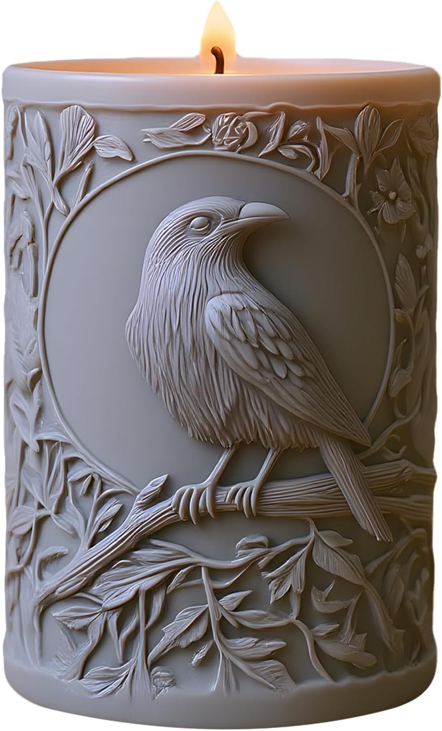 Sacred Crow Candle Mold Bird Cylinder Silicone Candle Molds Raven with Tree Branch Pillar Resin Casting Mold for Candles Making Aromatherapy Candles Wax Polymer Clay Home Decoration