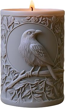 Sacred Crow Candle Mold Bird Cylinder Silicone Candle Molds Raven with Tree Branch Pillar Resin Casting Mold for Candles Making Aromatherapy Candles Wax Polymer Clay Home Decoration