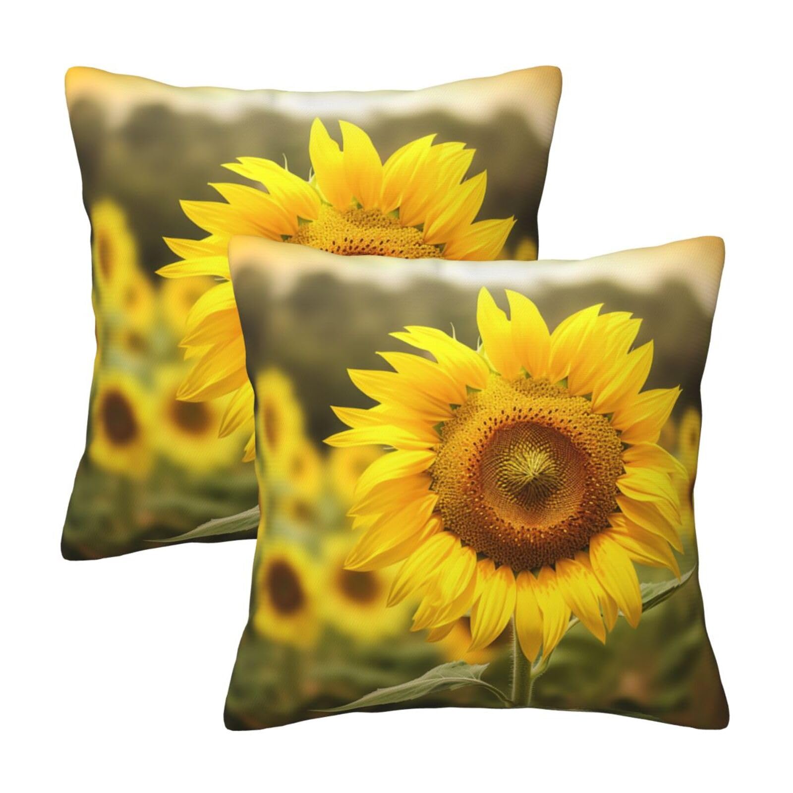 Sunflower print Throw Pillow Cases 2 Pack Square Pillowcases Soft Pillow Protectors for Couch Livingroom Sofa Bed Office Car,45x45 CM