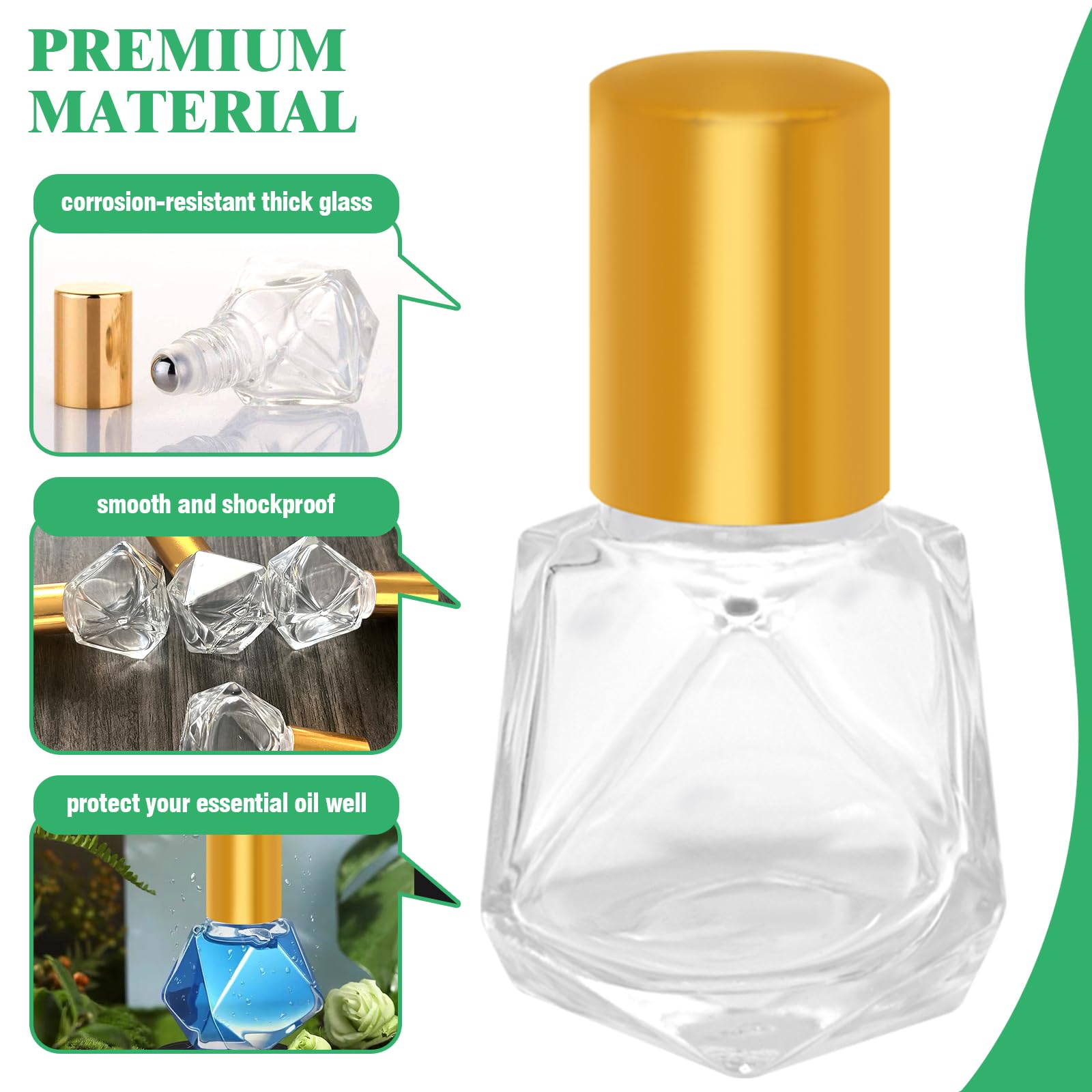 Yauhar 12Pcs 8ml/0.27oz Travel Essential Oil Roll On Bottle with Stainless Steel Ball Gold Cap Set Contains Polygonal Clear Glass Roller Bottle - Image 3