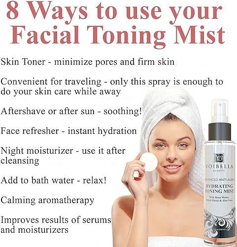 Miniatura 5 de Tónico hidratante orgánico para la cara antienvejecimiento, agua de rosas, hamamelis y aloe vera tonificante facial para mujeres. Spray de agua de