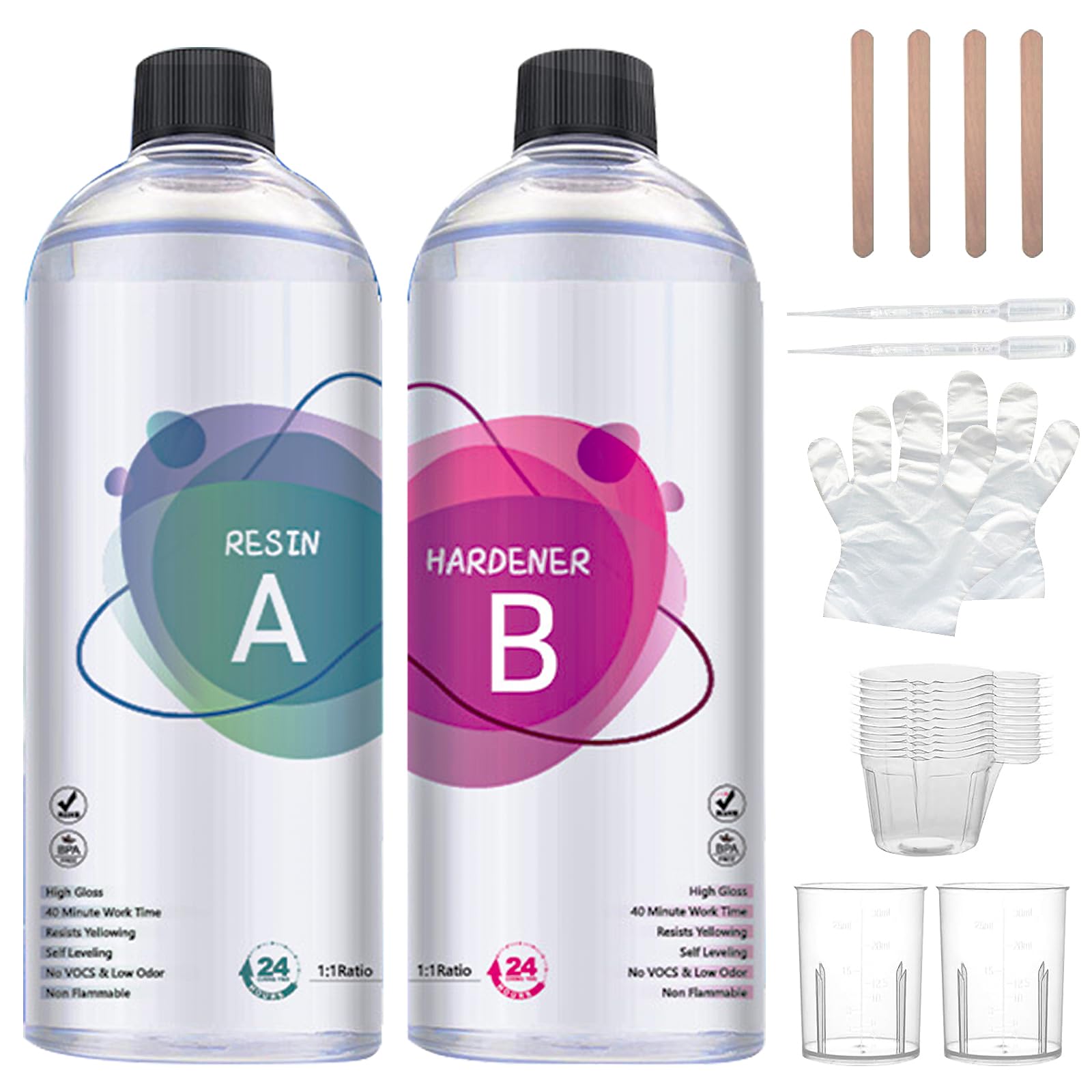 Resina Epoxi Kit 1L (500ml Resin + 500ml Hardener), 1:1 Ratio Crystal Clear Casting Resin Set with Gloves, Measuring Cups & Sticks – Ideal for Wood, Jewelry, Art & DIY Crafts