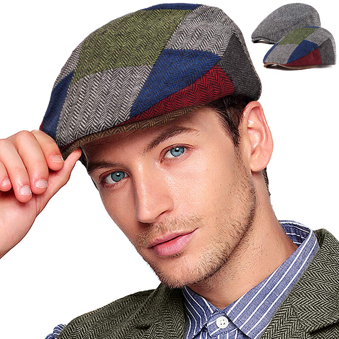 2-Pack Adjustable Newsboy Hats for Men Flat Cap Irish Wool Blend Tweed