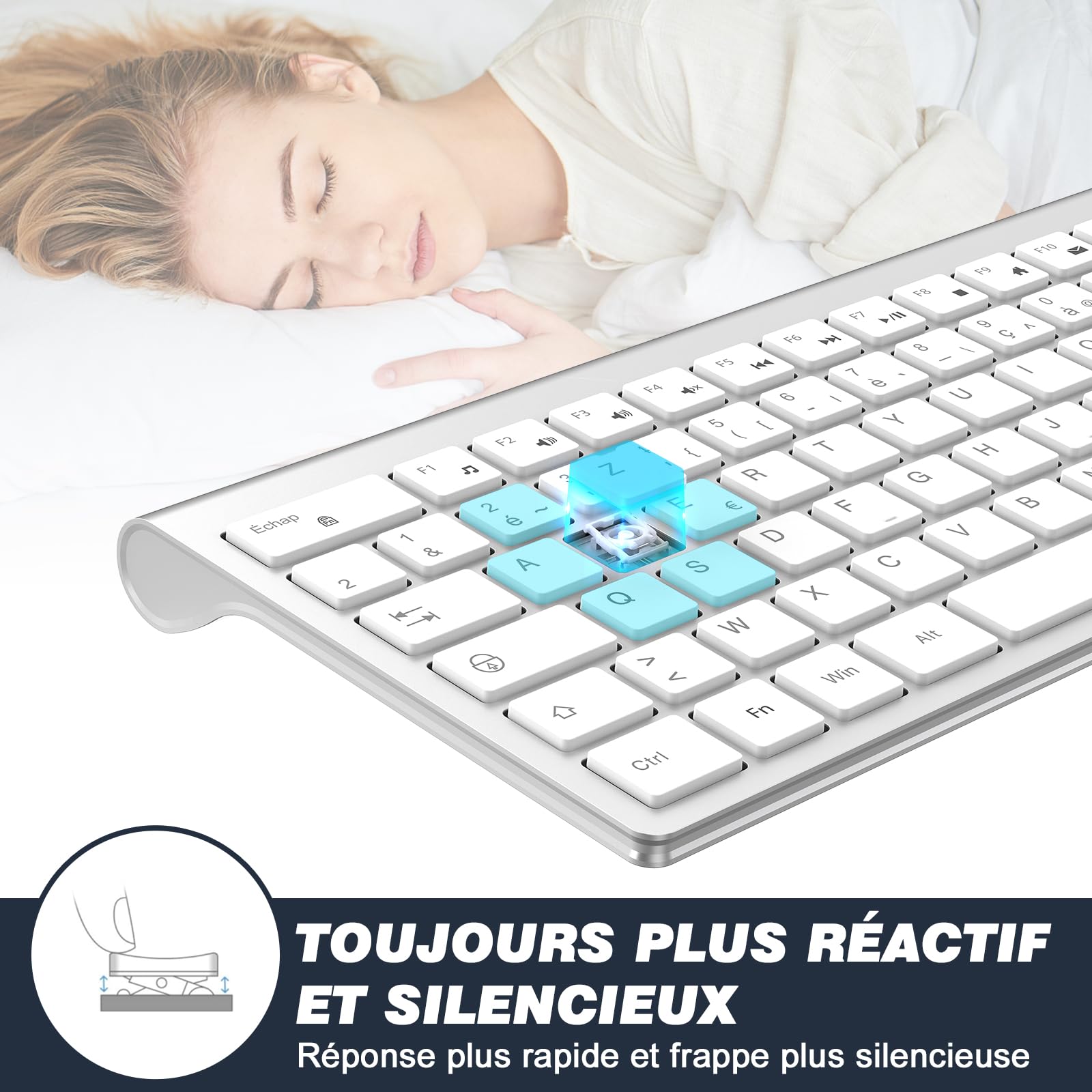 cimetech Clavier sans Fil Rechargeable, Connexion 2.4Ghz, Clavier Silencieux, Ultra-Fin, AZERTY Français, avec Pavé Numérique, pour MacOS/iOS/Android/Windows/PC/Ordinateur/Portable-Blanc Argent