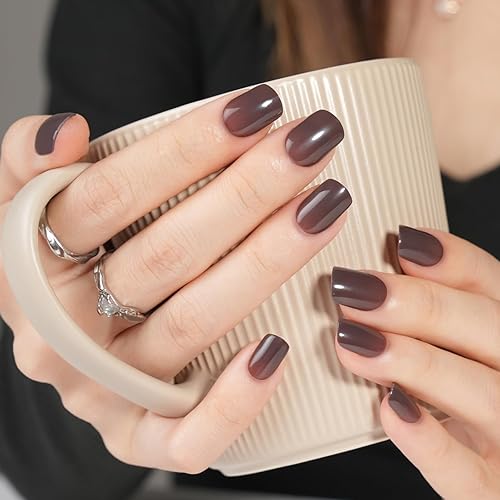 Miniatura 1 de Jofay Fashion - Uñas postizas cuadradas de color marrón café a presión, uñas postizas de color sólido con pegamento, uñas postizas acrílicas cómodas
