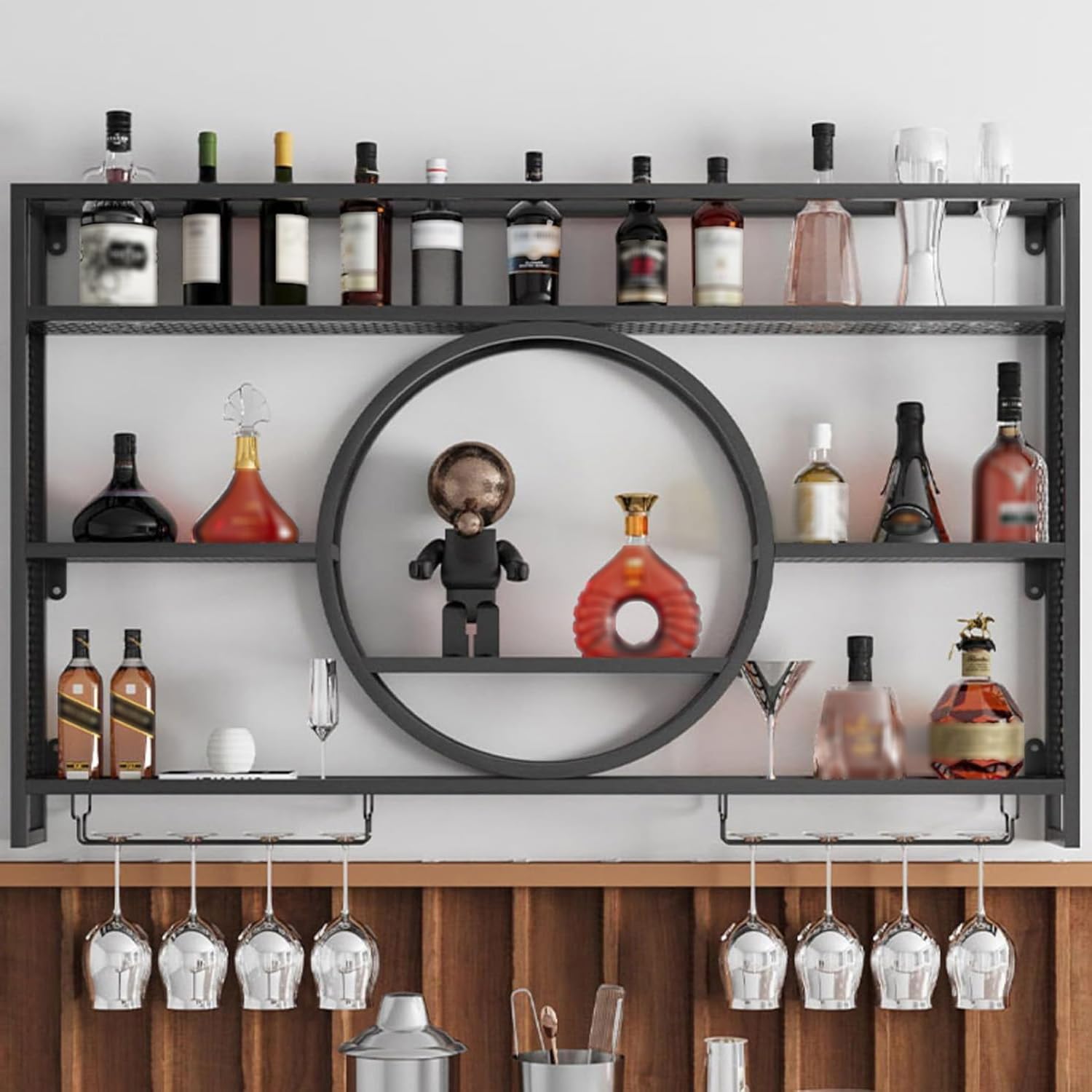 Moderno espositore portabottiglie da Parete in Metallo Nero per Bar, casa o Frigorifero, Contiene Bottiglie e Bicchieri, Elegante mensola sospesa (Dimensioni: 120 * 15 *