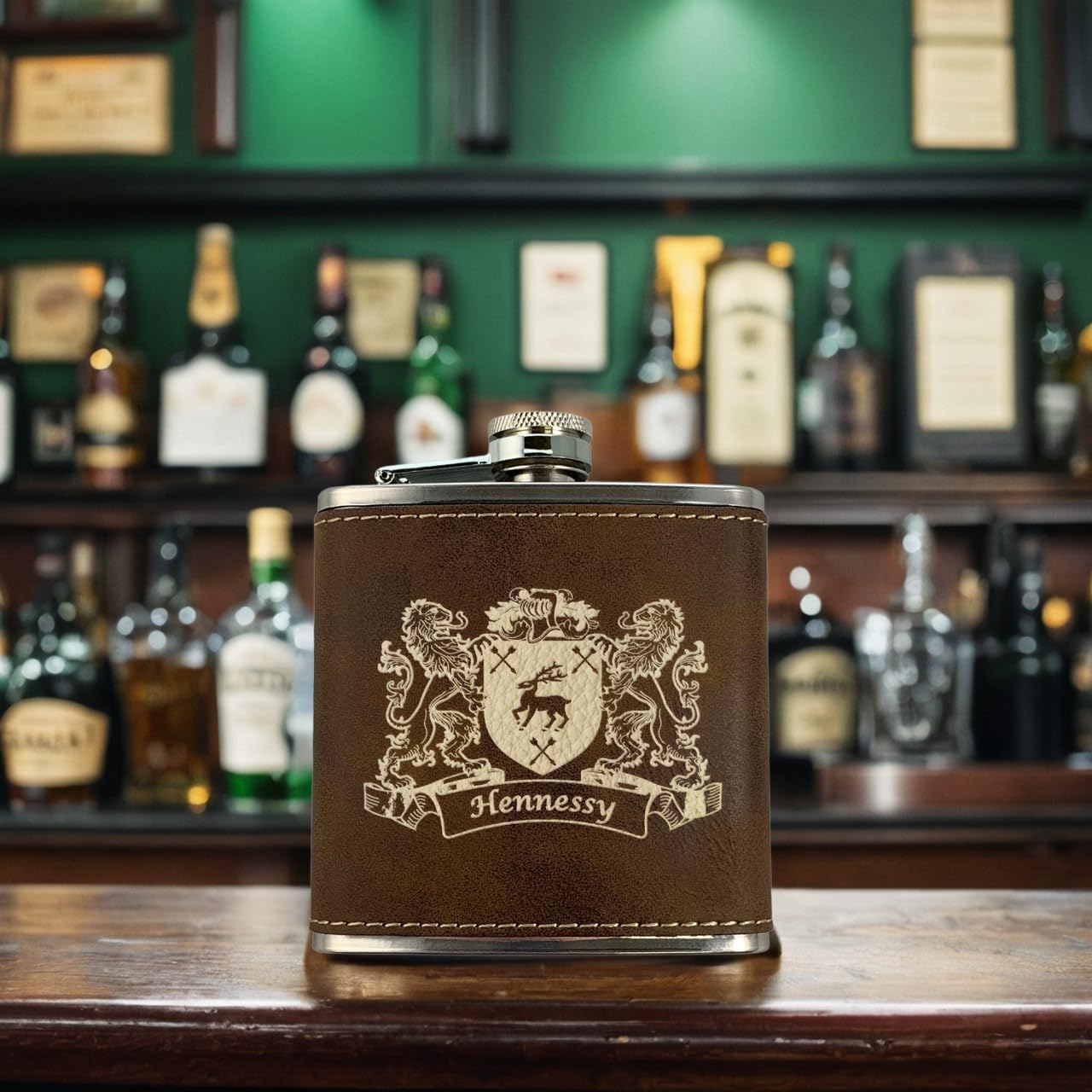 Hennessy Irish Coat of Arms Leather Flask - Rustic Brown