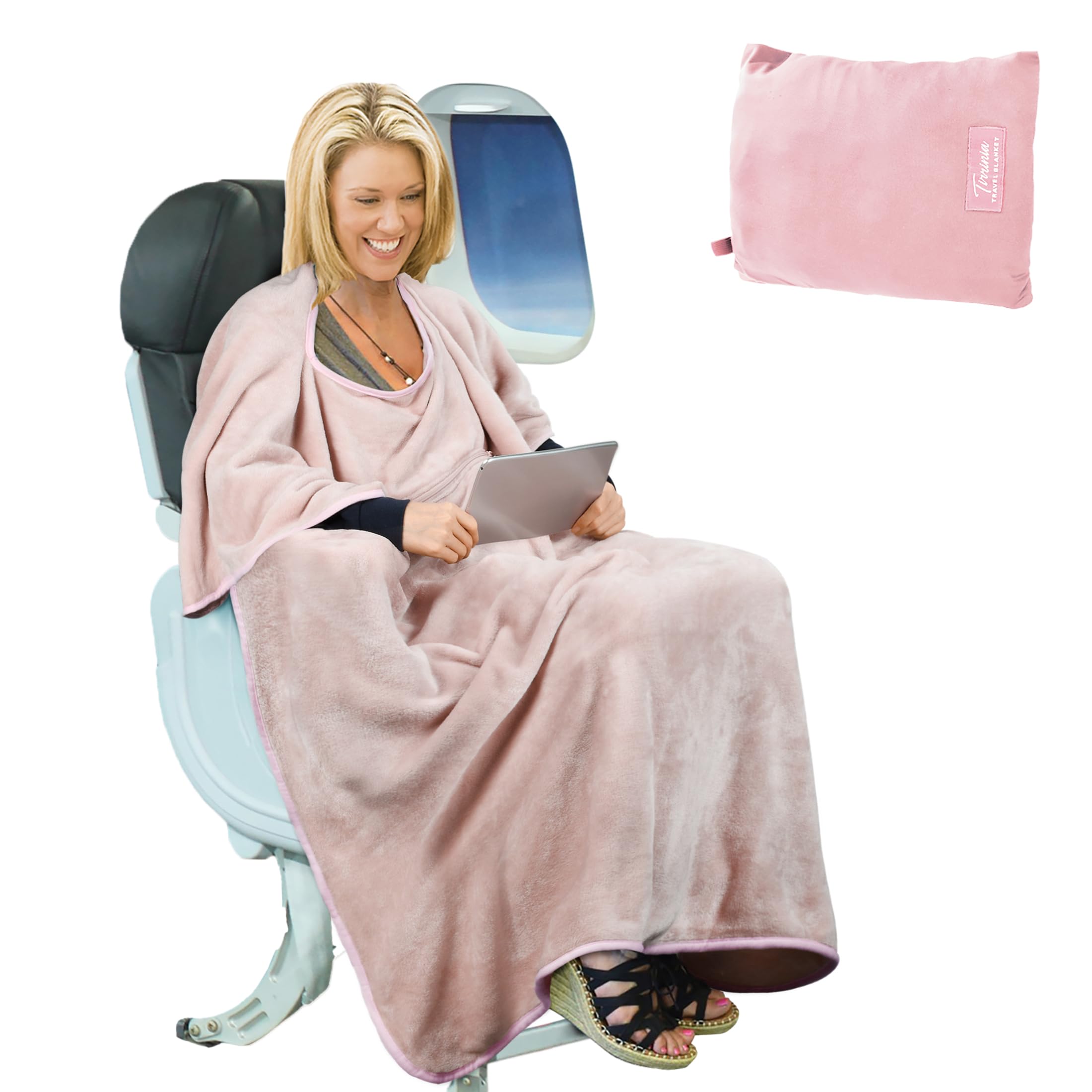 Tirrinia Travel Blanket Airplane Office Poncho 4 in 1 Premium Cozy Fleece Portable Poncho Blankets with Built-in Bag, Pocket