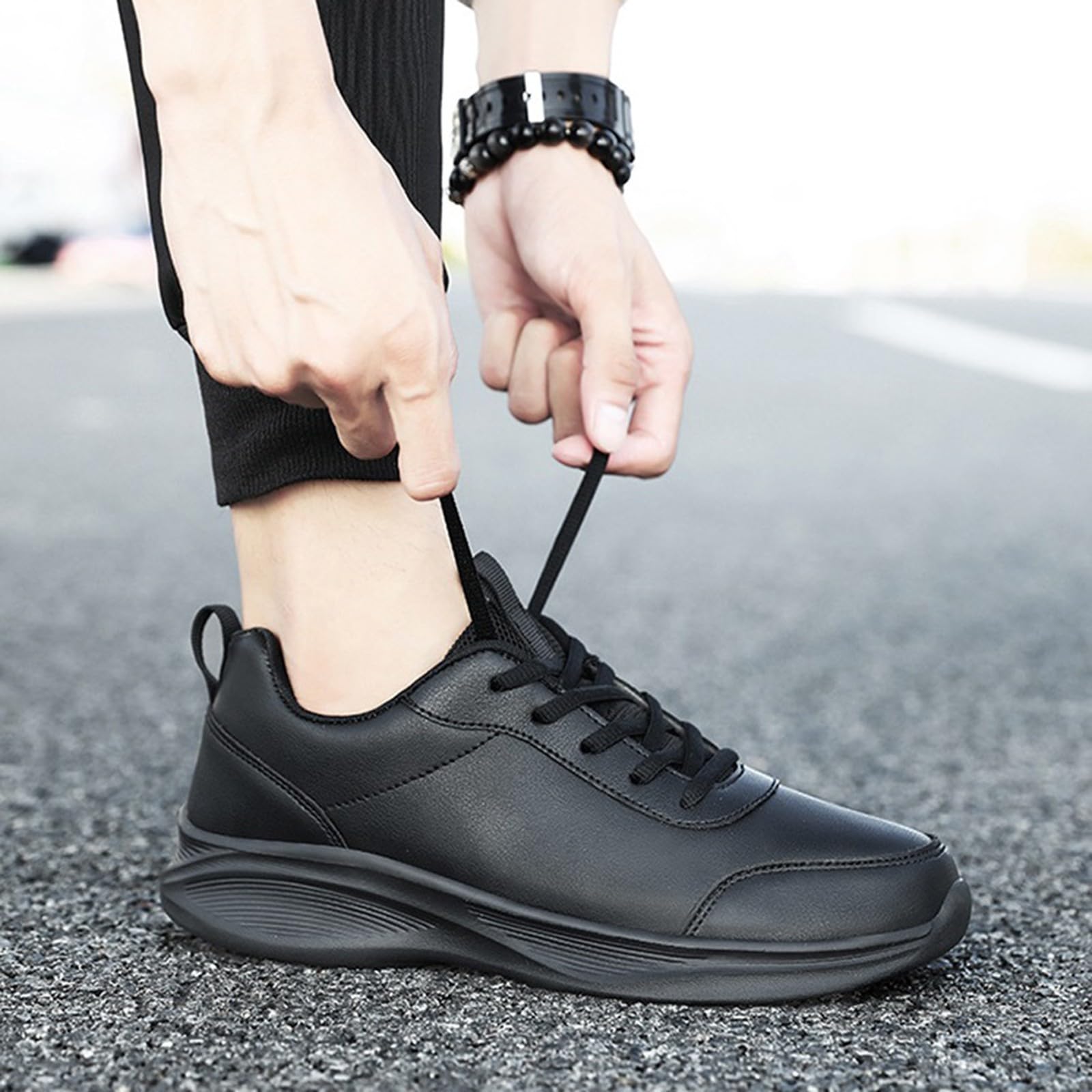 Baskets pour femme - Noir - Avec semelle blanche - Légères - En cuir - Antidérapantes - Respirantes - Chaussures de tennis épaisses - Avec lanières - Chaussures de fitness - Chaussures de marche