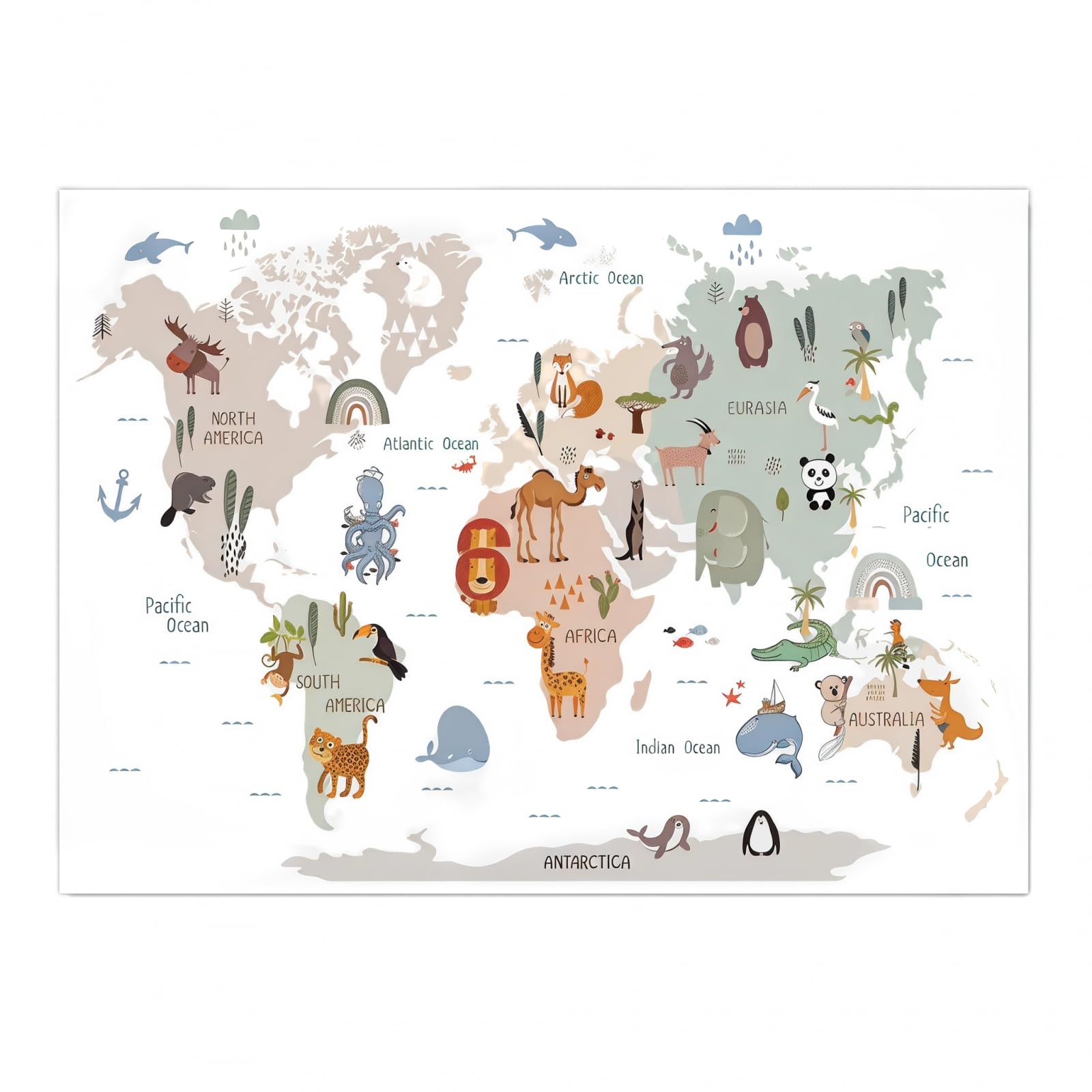 Large Animal World Map Wall Stickers for Kids Room Decor, Educational Nursery Wall Art Decals, Removable Peel and Stick Map of The World Poster for Boys Girls Bedroom Playroom