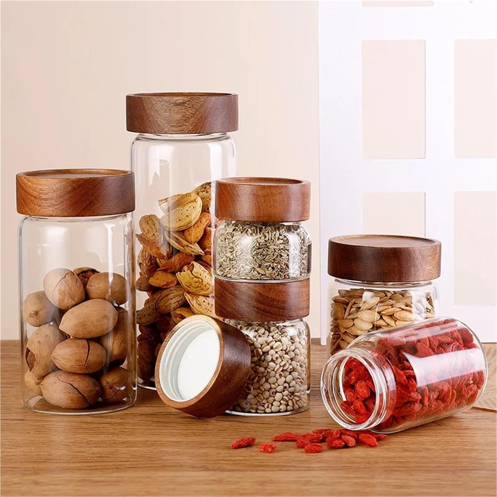 Barattoli Ermetici Contenitori for la conservazione in vetro Barattoli in vetro ad alto borosilicato Contenitori for alimenti da cucina con coperchi in legno di acacia for chicchi di caffè/zucchero/no