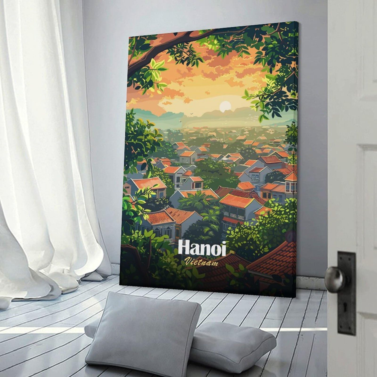 Junmoney Hanoi, Vietnam Cityscape Illustration Wall Art Print, 20x30inch(50x75cm), for Office, Study Or Home Workspace, Decorative Artwork for Productive Spaces