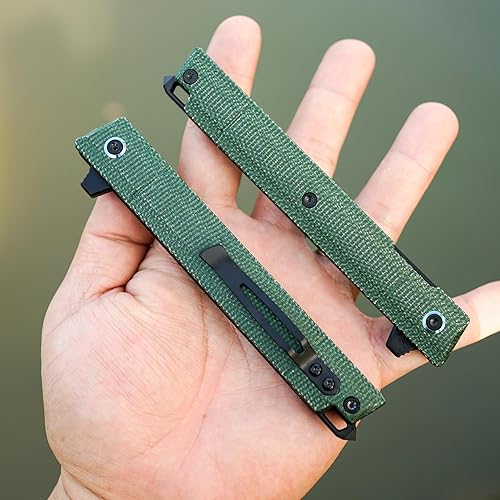 Miniatura 6 de FORESAIL Cuchillo de bolsillo plegable para EDC, mango de micarta verde, hoja PVD DC53 negra, con clip, cuchillo de transporte diario para hombres y