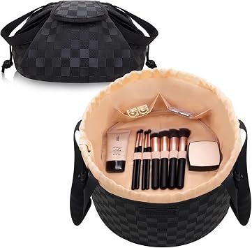 Drawstring Makeup Organizer Bag,Large Lay Makeup Bag,Portable Waterproof Leather Travel Drawstring Bags - Durable, Machine Washable Toiletry Bag for Travel Checkered Black Large