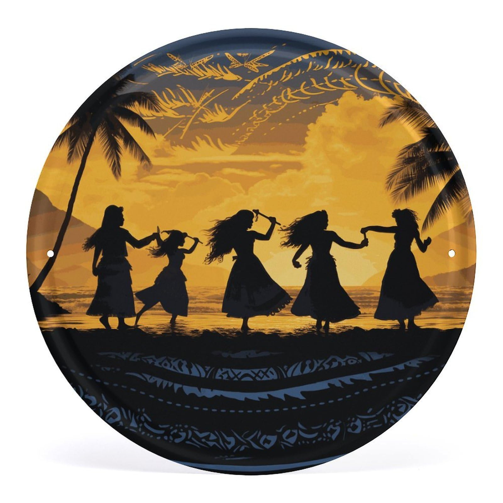 Fodpand Style Five Silhouettes Of Hawaiian Dance Round Wall Art Hanging Decorations, Wall Decor Modern Minimalist Artwork, Tin Sign Hanging Picture For Living Room, Bedroom, Office, Hallway, 11.8X11.8 Inch