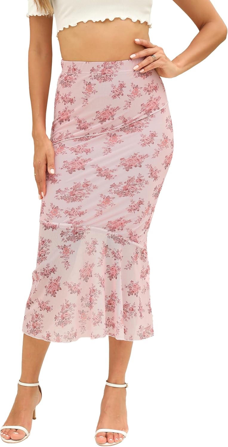 Amilia Womens Long Skirts Boho Floral Mesh Elastic High Waist Fishtail Bodycon Midi Skirt