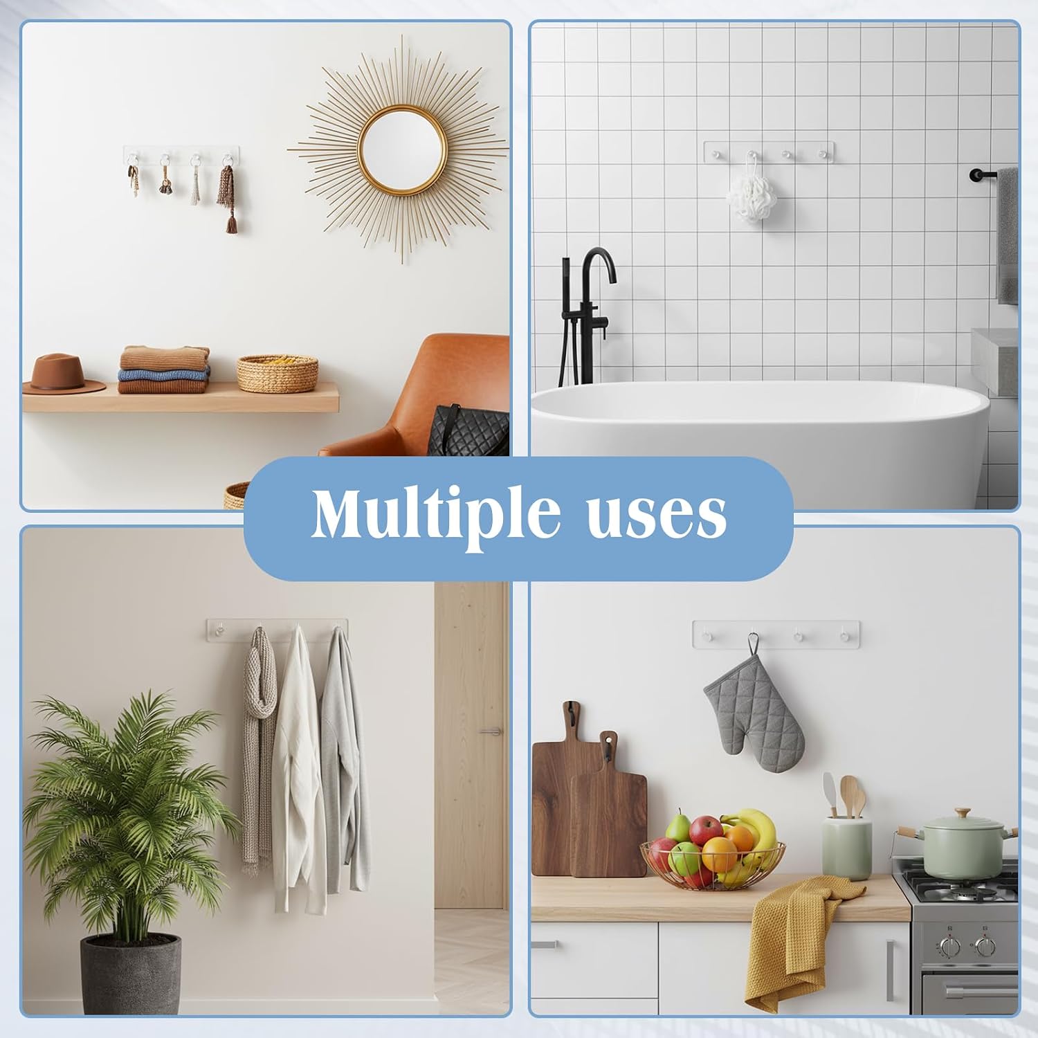 1 Pcs Adhesive Key Holder for Wall Acrylic Key Holder with 4 Hooks for Entryway, Door, Bathroom, Kitchen, Hang Keys, Hats, Dog Leashes, and Accessories (Transparent)