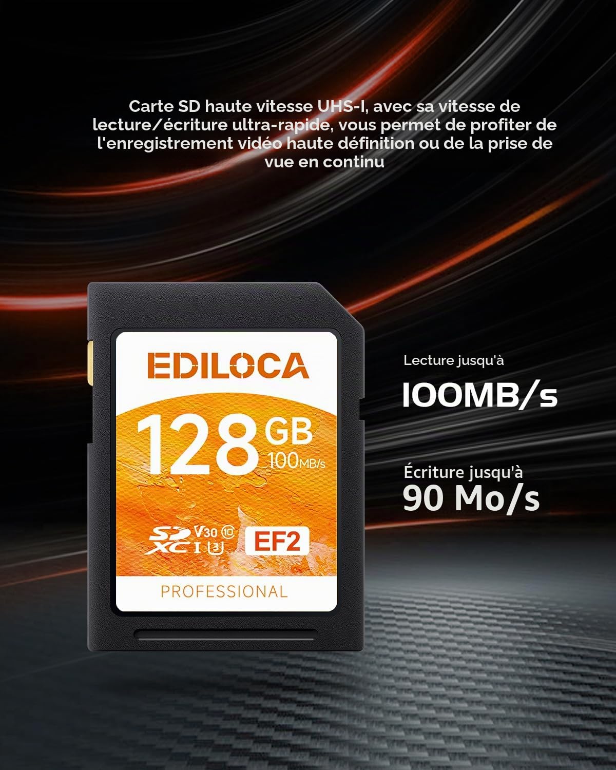 Ediloca EF2 Carte SD 128Go, Carte mémoire SD UHS-I, Lecture 100 Mo/s, écriture 90 Mo/s, C10, U3, V30, vidéo Full HD et 4K, pour photographes Professionnels