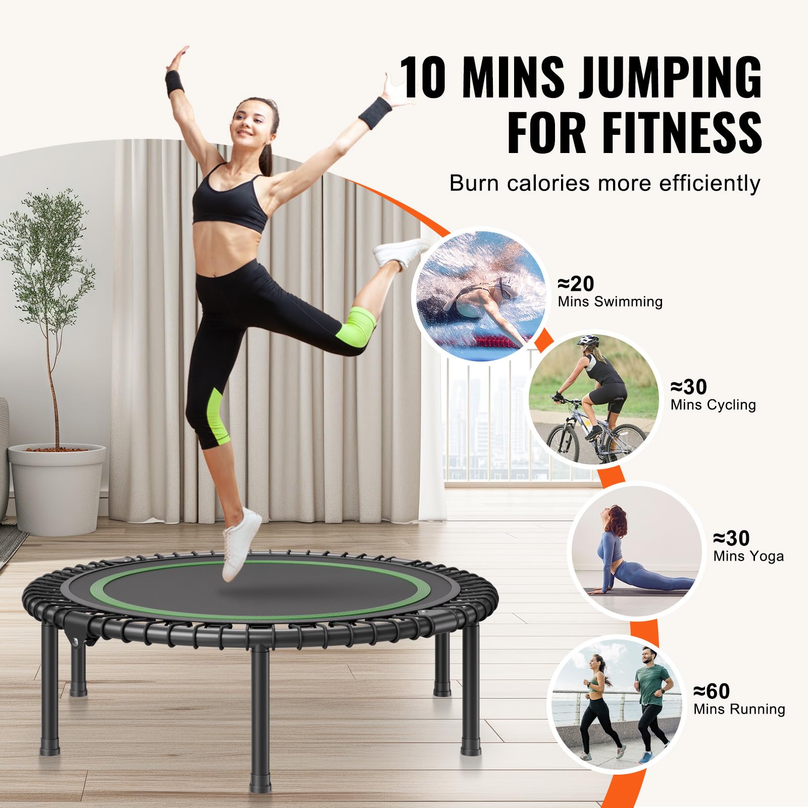 VEVOR Mini Trampolino Pieghevole Fitness 1027 mm, Capacità di Peso 150 kg, Trampolino Elastico per Adulti per Allenamento in Interni/Giardino, Nero e Verde