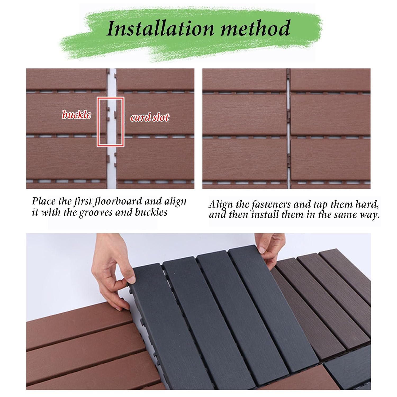 Dalles et lames de terrasse en composite, Tuiles de terrasse à emboîtement composites en bois, 30 pièces multicolores 12x12 pouces(Brown Red)
