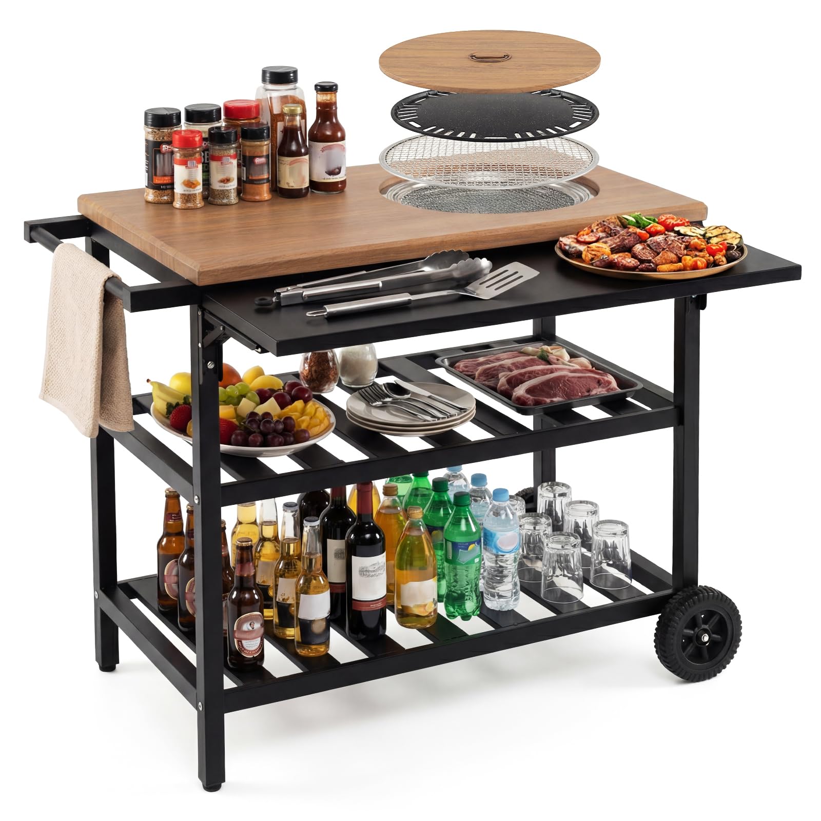 KOMFOTTEU Carrello Barbecue con Forno, Carrello Picnic a 3 Livelli, Piano Laterale Pieghevole, Griglie e Teglie, Carrellino con Ruote per Cucina in Terrazzo e Giardino, 94,5 x 75 x 78,5 cm