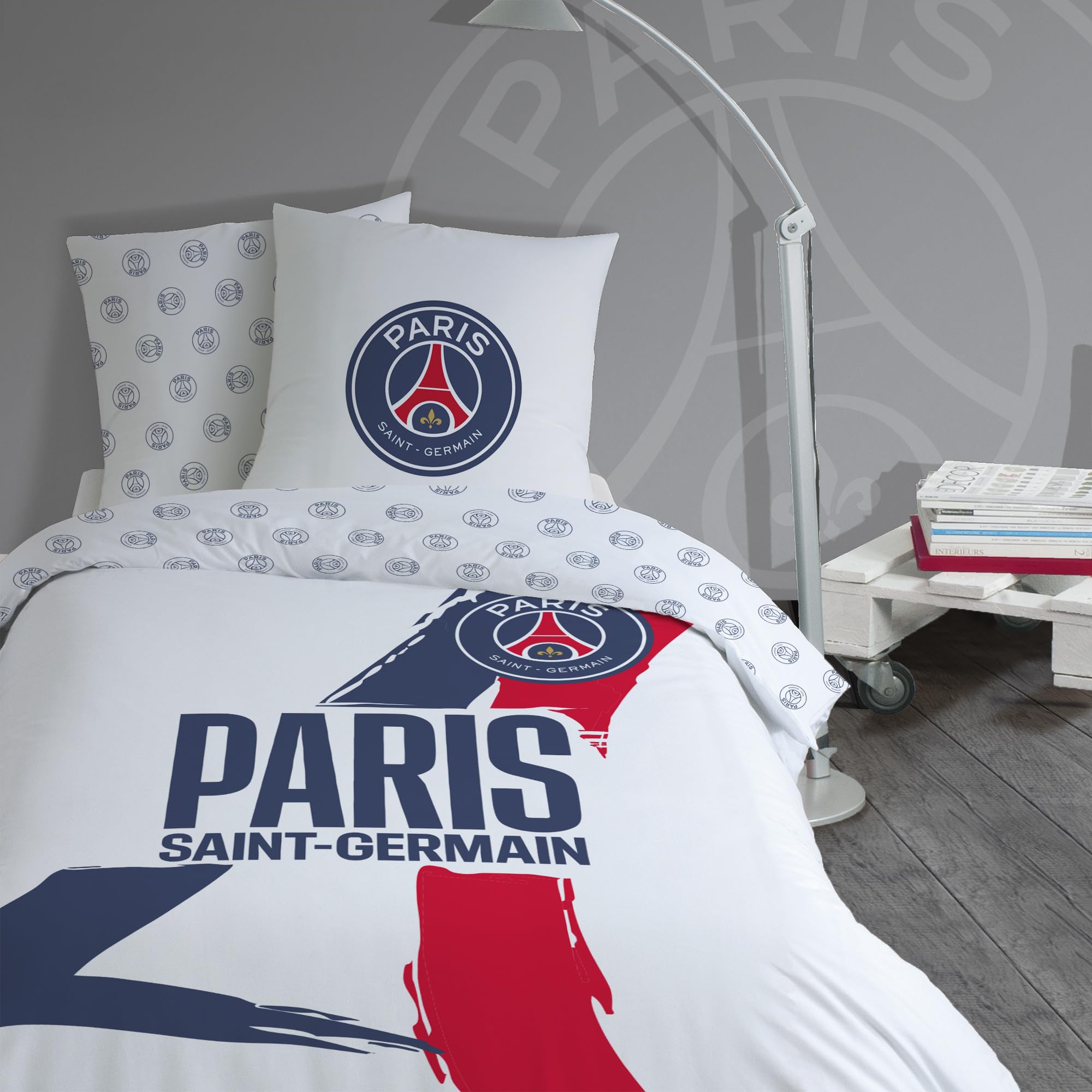 OMYDREAM PSG Tour Parure de lit imprimée 100% Coton - Licence Officielle | Housse de Couette 140x200 cm + 1 taie 63x63 cm | Fermeture boutons | Chambre enfant, lit 1 place | Certification Oeko-Tex