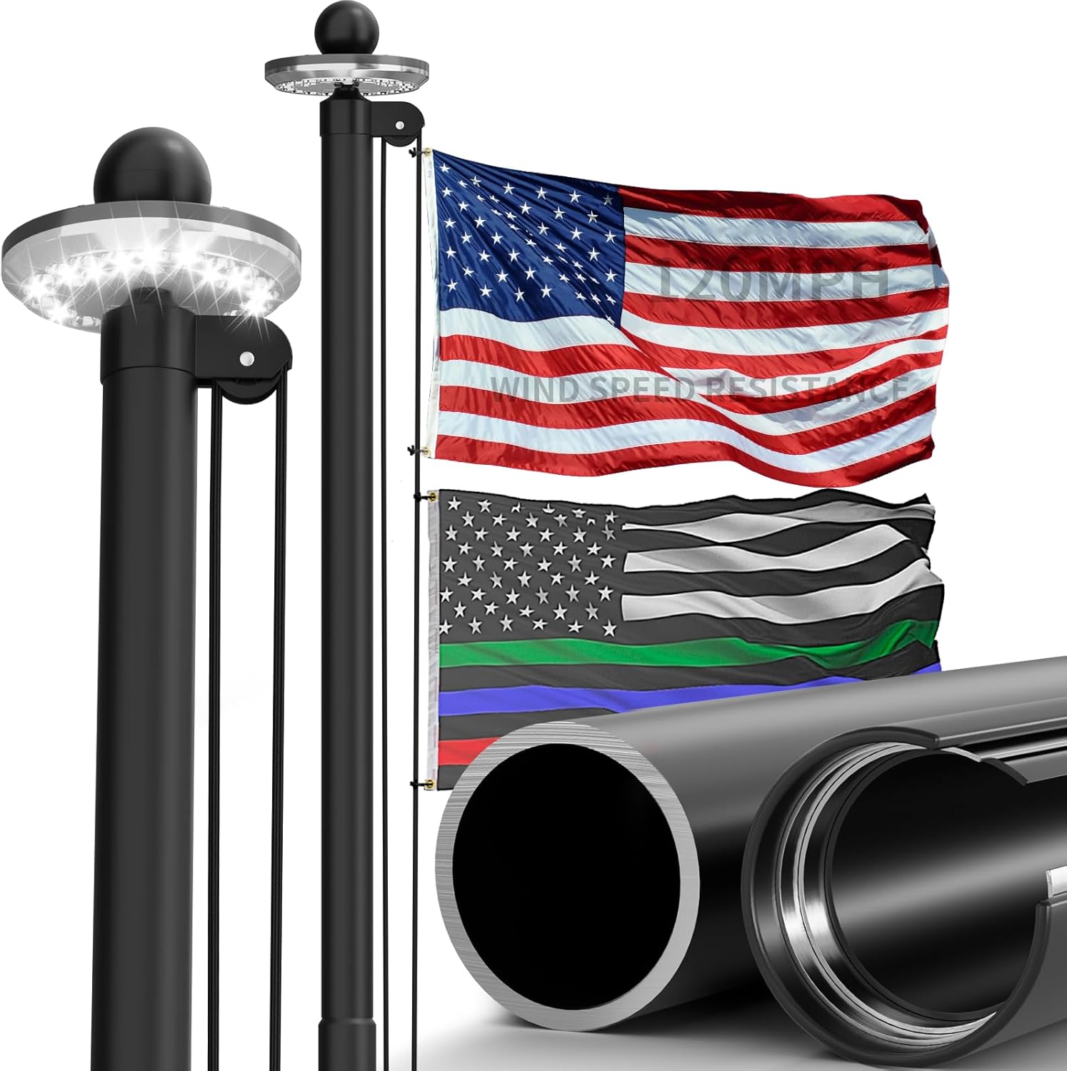 11 Gauge Heavy Duty Flag Pole -25 FT Black Extra Thick Aluminum Flagpole Kit with Deluxe Solar Light, 3x5 Nylon Embroidered Flag for Outside House In Ground-120MPH Wind Tested