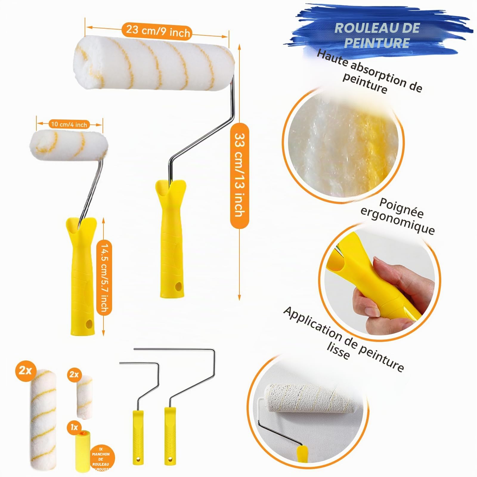 Rouleaux à Peinture 12 Pièces Rouleau Kit, Comprend Rouleaux et Plateaux, Rouleau de 9 inch avec Rallonge, Pinceau, Ensembles de Rouleaux pour Peindre les Murs, les Bordures et les Plafonds