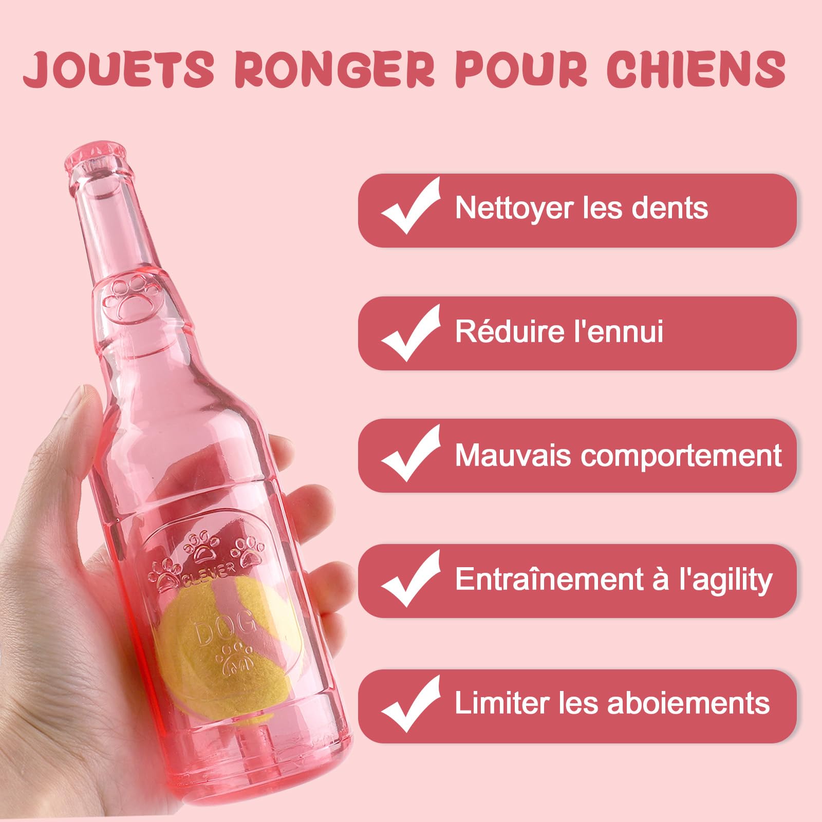 Jouet pour Chien en Bouteille de Caoutchouc, Jouets Interactif à Qui Couinement pour Chiot, Résistant à la Morsure Jouet pour Les dent pour Jeux Petits et Moyens Chiens (Rose)