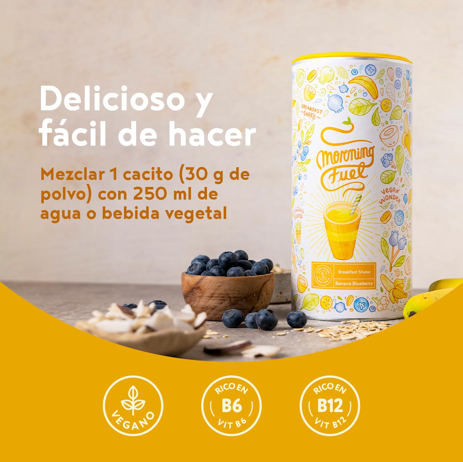 Morning Fuel Batido para Desayunos y Meriendas Nutritivos - con Vitamina B6 y B12 - Batidos Sustitutivos de Comida - Proteina Vegana de Guisantes y Avena - Sabor Plátano y Arándano 600g - Alpha Foods
