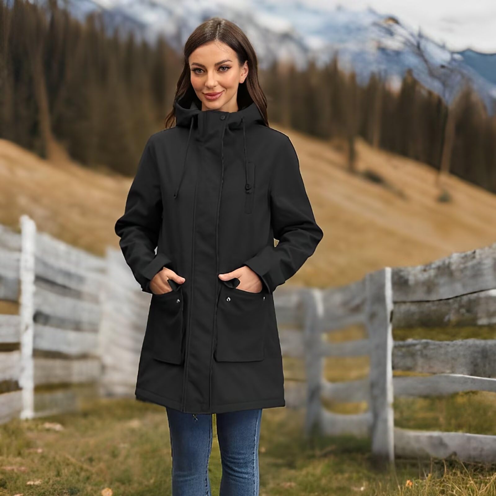 Chiguo Giacca softshell impermeabile da donna Cappotti caldi con cappuccio a vento funzionale lungo da esterno per l'inverno