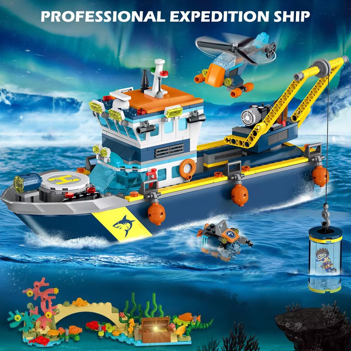 HOGOKIDS City Arctic Explorer Set di costruzioni navali con luce LED - Divertente kit di blocchi da costruzione galleggianti regalo per l'esplorazione dell'oceano per bambini bambine dai 6 anni in su