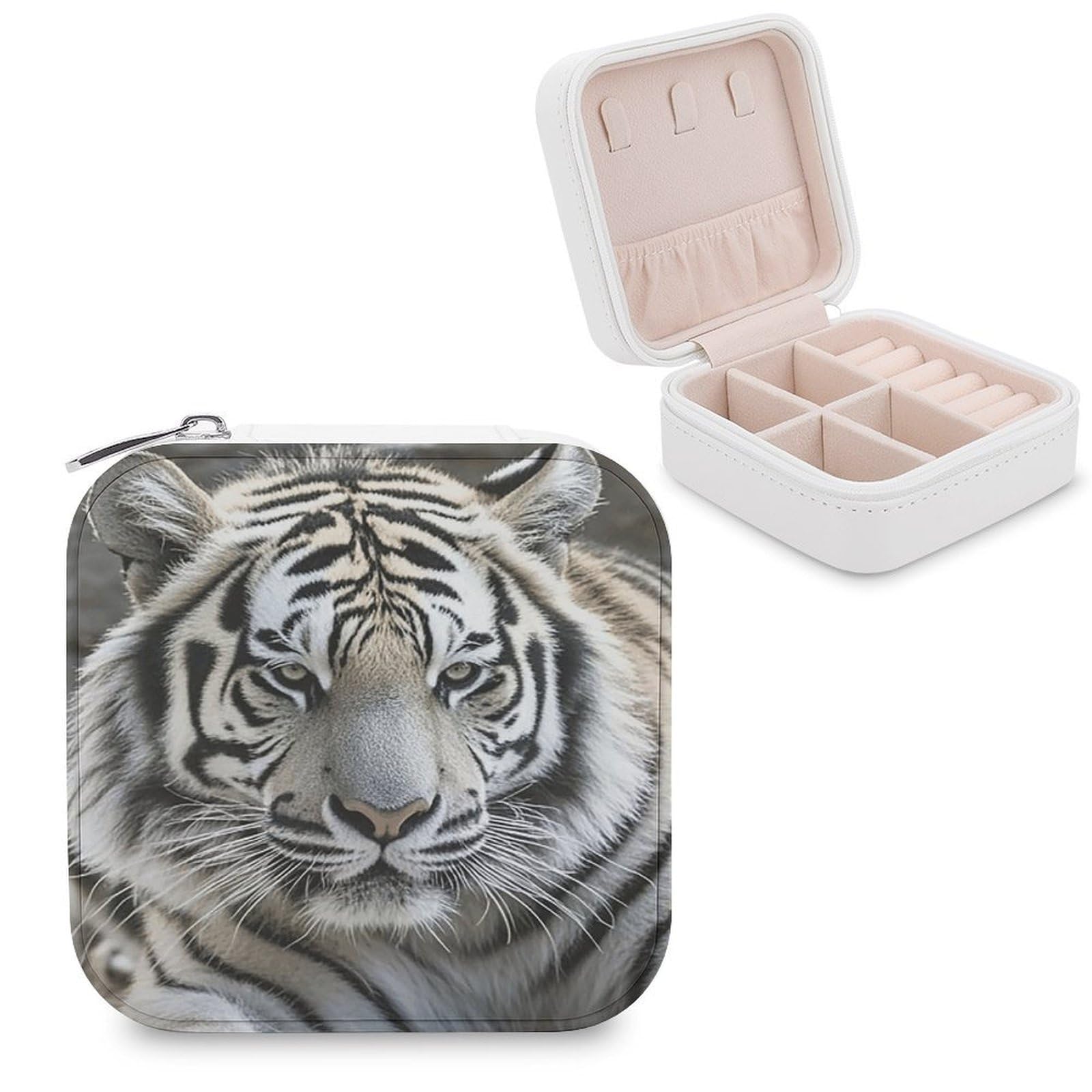 VstaDank Black And White Tiger Travel Jewelry Case Small Portable Jewellry Organizer Box PU Leather Organizer Boxes Personalized Jewellery Storage Holder Gift for Womens Rings Earrings