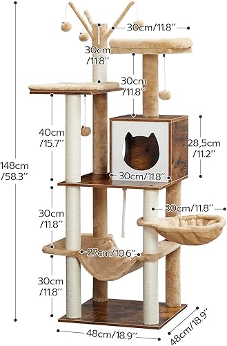 Miniatura 3 de Árbol para gatos, torre de gato de 58.3 pulgadas para gatos de interior, casa de madera para gatos con 2 hamacas para gatos, condominio moderno para